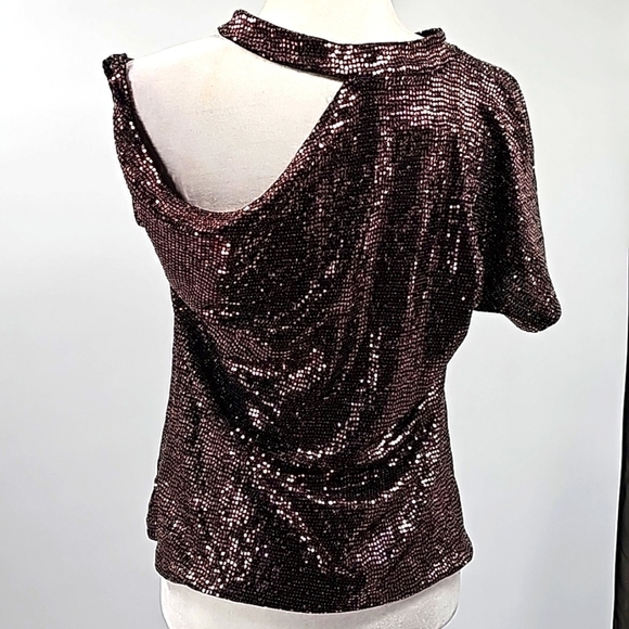 Express Bronze Sequined Exposed Shoulder Cutout Short Sleeved Blouse - Picture 10 of 13